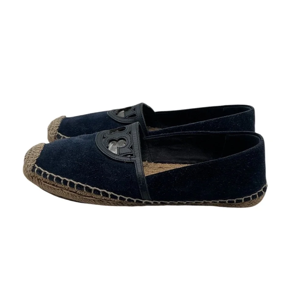Tory Burch Navy Blue Suede Double T Logo Espadrille Flats Size‎ 5.5
